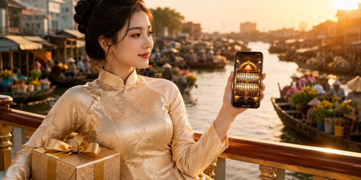 Người dùng tại Cần Thơ mặc áo dài chơi Slot Online trên điện thoại