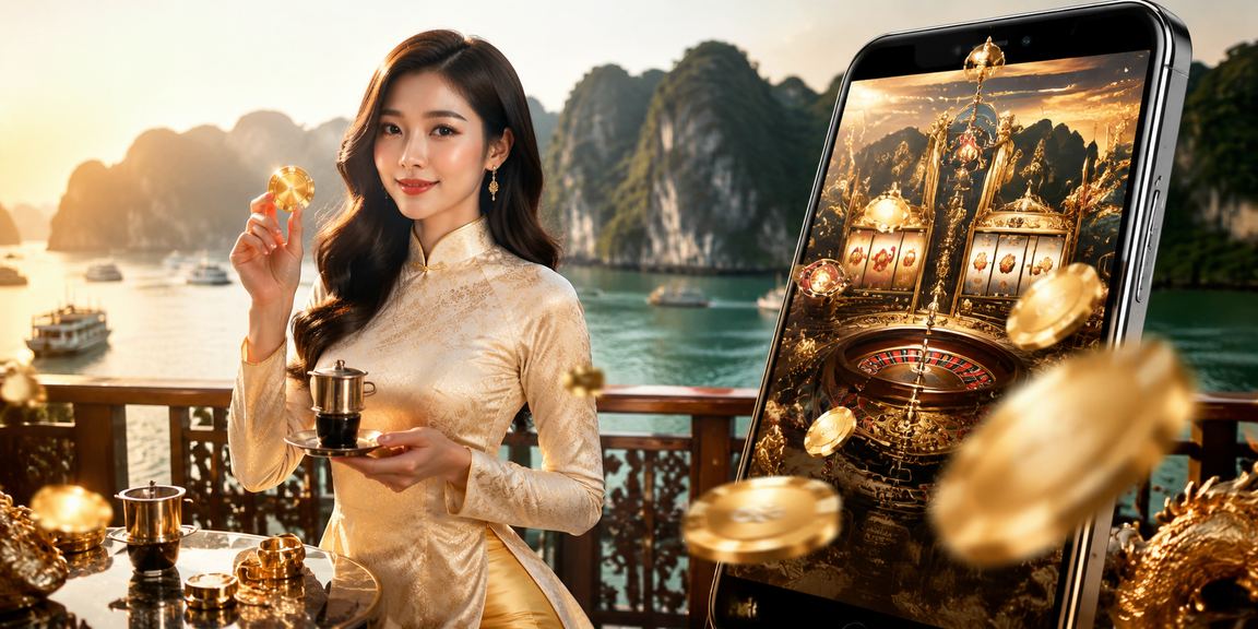Người dùng tại vịnh Hạ Long mặc áo dài trải nghiệm casino trực tuyến trên điện thoại